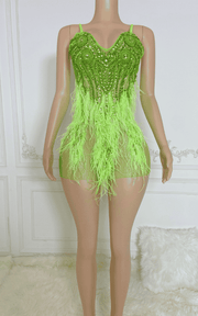 Diamond crystal feather mini dress for birthday and nightclub party styling