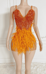 Diamond crystal feather mini dress for birthday and nightclub party styling