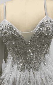 Diamond crystal feather mini dress for birthday and nightclub party styling