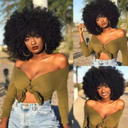 Afro kinky short curly glueless wig with bangs for Black women, full machine-made human hair, easy wear and go style.