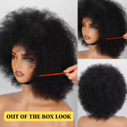 Afro kinky short curly glueless wig with bangs for Black women, full machine-made human hair, easy wear and go style.