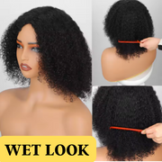 Afro kinky short curly glueless wig with bangs for Black women, full machine-made human hair, easy wear and go style.