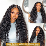 Curly deep wave 4x4 HD lace closure made with 100% raw human hair, pre-plucked hairline, transparent lace for natural blending.