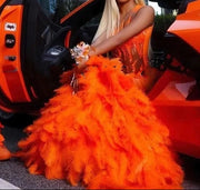 Orange Mermaid Prom Dresses Sequin Feathers Evening Gown