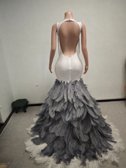 Envious Designs luxury silver long cocktail prom dress with rhinestone beaded tassel feather detailing