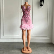 Pink Feather Velvet O-Neck Cocktail Dress