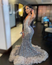 Luxury Silver Prom Dresses: Sheer Neck One Shoulder Rhinestone Sequin Mermaid Gown