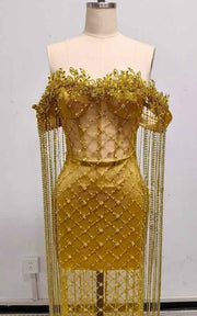 Gilded Goddess Off-The-Shoulder Gold Corset Gown With Beaded Fringe And Lattice Mesh Skirt