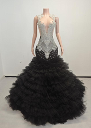 Ava adorable tulle ruched train rhinestones prom dress for women formal night