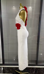 Genesis Red Floral Halter Off-Shoulder Bodycon Long Bandage Dress