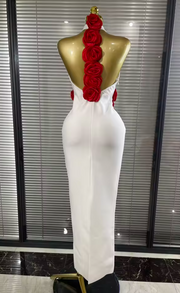 Genesis Red Floral Halter Off-Shoulder Bodycon Long Bandage Dress