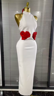 Genesis Red Floral Halter Off-Shoulder Bodycon Long Bandage Dress