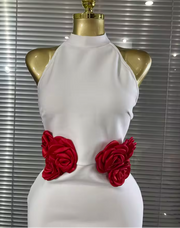 Genesis Red Floral Halter Off-Shoulder Bodycon Long Bandage Dress