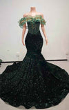 Emerald Enchantment Sequin Mermaid Gown With 3D Leaf-Appliqué Off-The-Shoulder Neckline