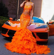 Orange Mermaid Prom Dresses Sequin Feathers Evening Gown