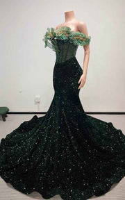 Emerald Enchantment Sequin Mermaid Gown With 3D Leaf-Appliqué Off-The-Shoulder Neckline
