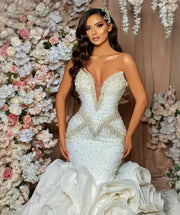 Luxury Mermaid Wedding Dresses Big Train Tulle Lace Crystal Beaded Diamonds Bridal Gown vestidos de novia 2023 Custom Made DZ02