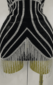 Gianna shiny diamond chain strapless bodycon mini dress. Sexy luxury outfit for birthdays, club nights, and evening party events.