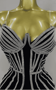 Gianna shiny diamond chain strapless bodycon mini dress. Sexy luxury outfit for birthdays, club nights, and evening party events.