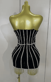 Gianna shiny diamond chain strapless bodycon mini dress. Sexy luxury outfit for birthdays, club nights, and evening party events.