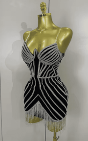 Gianna shiny diamond chain strapless bodycon mini dress. Sexy luxury outfit for birthdays, club nights, and evening party events.
