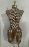 Sheila Luxury Diamond Pearl Mesh See Through Mini Dress