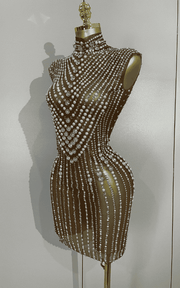 Sheila Luxury Diamond Pearl Mesh See Through Mini Dress