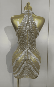 Kai Sexy Sparkly Silver Rhinestone Mesh See Through Mini Dress