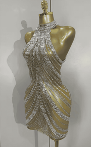 Kai Sexy Sparkly Silver Rhinestone Mesh See Through Mini Dress