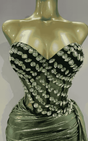 Amiyah sparkly diamond strapless two piece set for women. Sexy backless outfit for nightclub, stage performance, and party events.