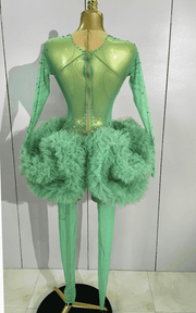 Sparkly green rhinestone mesh jumpsuit with long sleeves and bodycon stretch fit