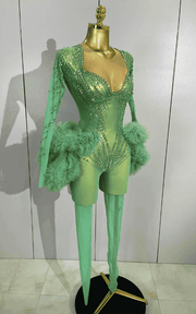 Sparkly green rhinestone mesh jumpsuit with long sleeves and bodycon stretch fit