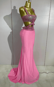 Sparkly pink rhinestone two-piece long dress set with sleeveless fitted design and glamorous shine
