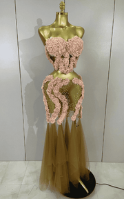 Sparkly rhinestone flower two-piece mesh set with sexy see-through design and fitted silhouette