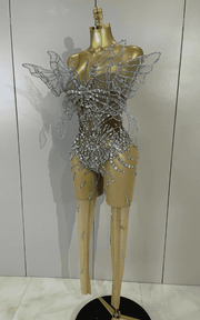 Tiffany 3D butterfly strapless mesh jumpsuit for women. Sexy sheer outfit for parties, stage wear, birthdays, and nightlife events.