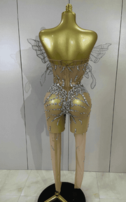Tiffany 3D butterfly strapless mesh jumpsuit for women. Sexy sheer outfit for parties, stage wear, birthdays, and nightlife events.