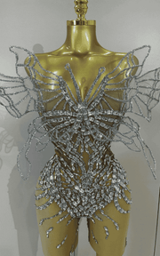 Tiffany 3D butterfly strapless mesh jumpsuit for women. Sexy sheer outfit for parties, stage wear, birthdays, and nightlife events.