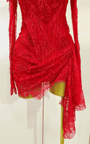 Mya strapless backless red lace bodycon mini dress with gloves. Sexy split party outfit for birthdays, nightlife, and events.