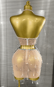 Shine in the Patti colorful rhinestone and pearl two-piece set with a sheer top and mini skirt. Perfect for parties, birthdays, and nightlife.