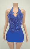 Royal Blue Beaded Chain Halter Bodycon Mini Birthday Dress