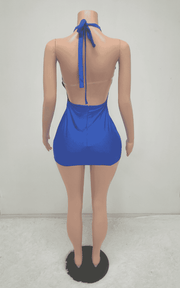 Royal Blue Beaded Chain Halter Bodycon Mini Birthday Dress
