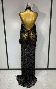 Zarrah Sleeveless Pearl Lace Sheer Mesh Black Maxi Dress