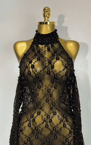 Zarrah Sleeveless Pearl Lace Sheer Mesh Black Maxi Dress