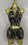 Nikki Sexy Black Sheer Chain Two Piece Mini Dress Set