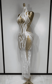 Sherie White Pearl Sequin Sheer Mesh Bodycon Long Dress