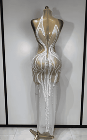 Sherie White Pearl Sequin Sheer Mesh Bodycon Long Dress
