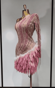 Sheena Shining Rhinestone Tassel One Shoulder Sheer Mesh Pink Mini Dress