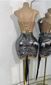 Latifa two-piece high street set featuring a strapless crop top and matching skirt for a modern birthday outfit.