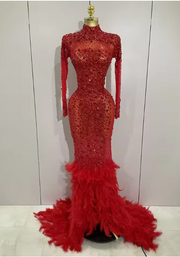 Elaine long sleeve sheer black maxi dress with sparkling crystals and luxury feather trim on the sleeves and hem.