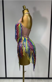 Tabia backless luxury bodysuit encrusted with sparkly rhinestones and long tassels for a glamorous birthday or stage outfit.
